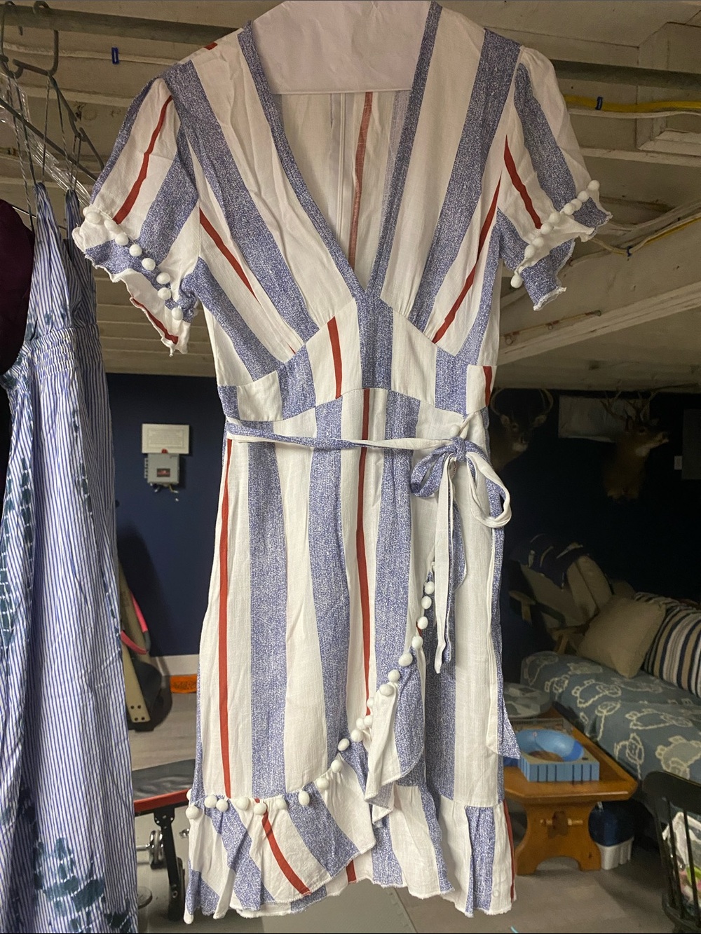 Pom-Pom Wrap Dress in Blue, White & Red